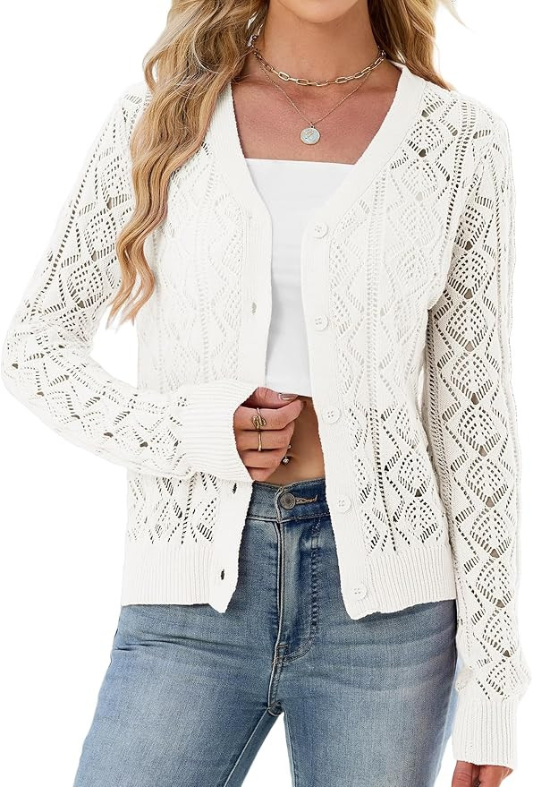 ZAFUL Womens Long Sleeve Crochet Cardigan Knit Cardigan Tops Cotton Sweater | Amazon (US)
