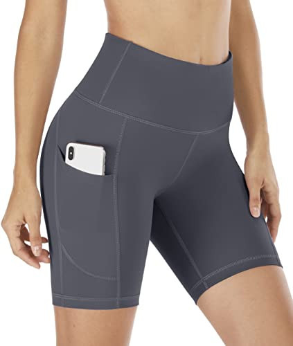 IUGA Biker Shorts Women 6" Tummy Control Workout Shorts Women with Pockets High Waisted Yoga Running Gym Spandex Compression Gray | Amazon (US)