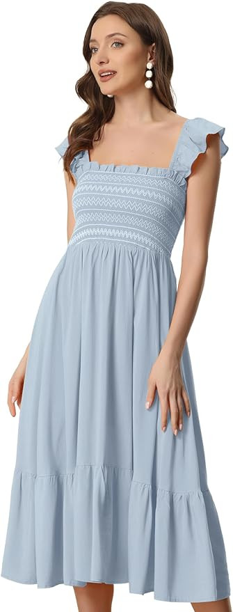 Allegra K Boho Midi Dress for Women's Square Neck Ruffle Tiered Flowy Smocked Sundress | Amazon (US)