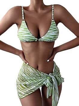 MakeMeChic Women's 3 Piece Halter Bikini Sets Swimsuit Bathing Suit Cover Up Skirt | Amazon (US)