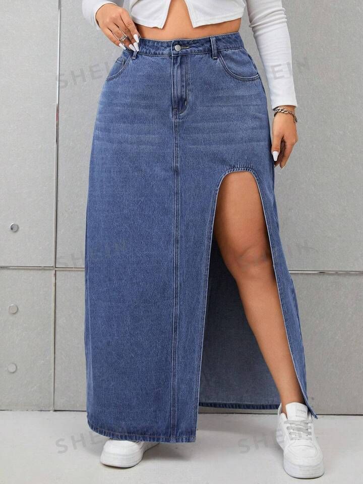 SHEIN EZwear Plus Split Thigh Denim Skirt | SHEIN