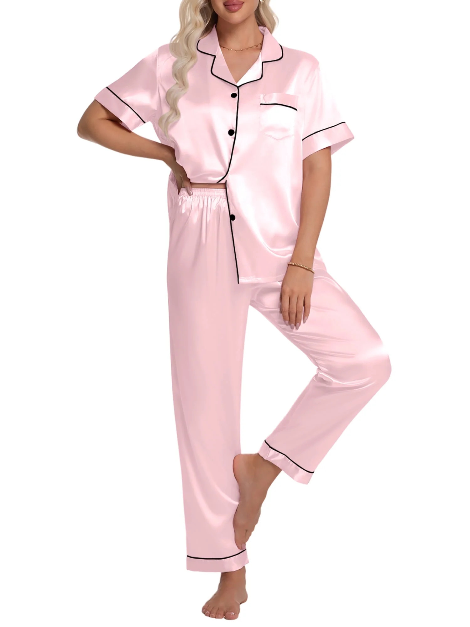 DAKIMOE Silk Satin Pajamas Set for Women Two-Piece Short Sleeve Shirt with Long Pajama Pant Set S... | Walmart (US)