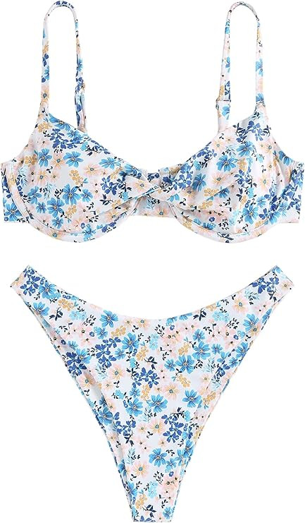 ZAFUL Women's Twist Front Bikini Sets Underwire Tie Back Bikini High Waisted Two Piece Swimsuit | Amazon (US)