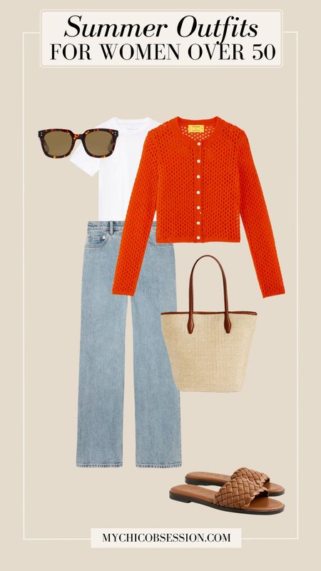 If you love a pop of color in your summer looks, try this open knit cardigan in red orange. Pair it with a white t-shirt, classic jeans, a woven tote bag, sunglasses and sandals.

#LTKSeasonal #LTKover40 #LTKstyletip