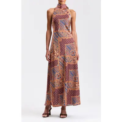 Avec Les Filles Scarf Print Halter Neck Satin Maxi Dress in Cognac Medallion Sca at Nordstrom, Size 4 | Nordstrom