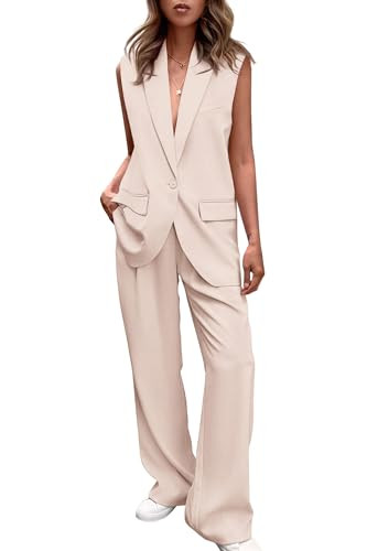 PRETTYGARDEN Womens 2 Piece Blazer Suits V Neck Sleeveless Vest Wide Leg Pants Sets Summer Matching Outfits (Beige,Small) | Amazon (US)