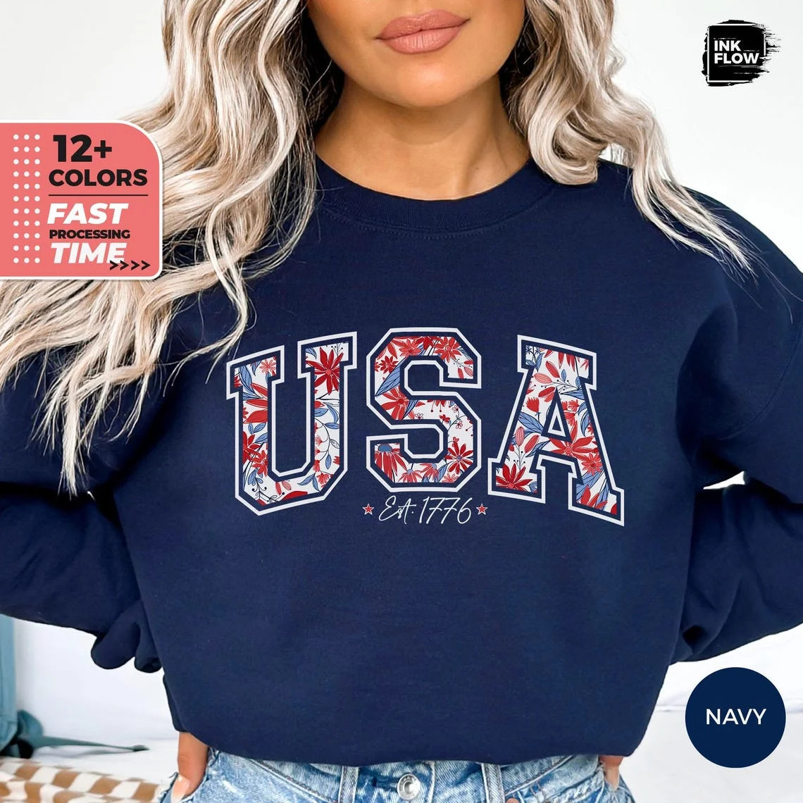 Floral 4th of July USA Sweatshirt, 4th of July Varsity Hoodie, Patriotic Sweater, Red White Blue ... | Walmart (US)
