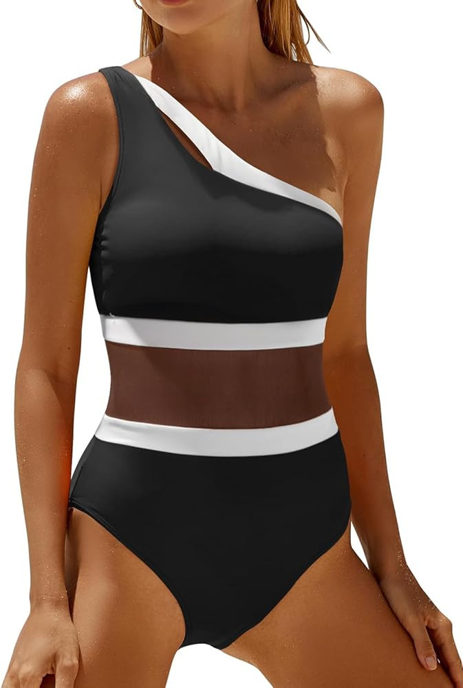 Holipick Women's One Shoulder One Piece Swimsuit Cutout Bathing Suits Mesh Slimming Swimwear for ... | Amazon (US)