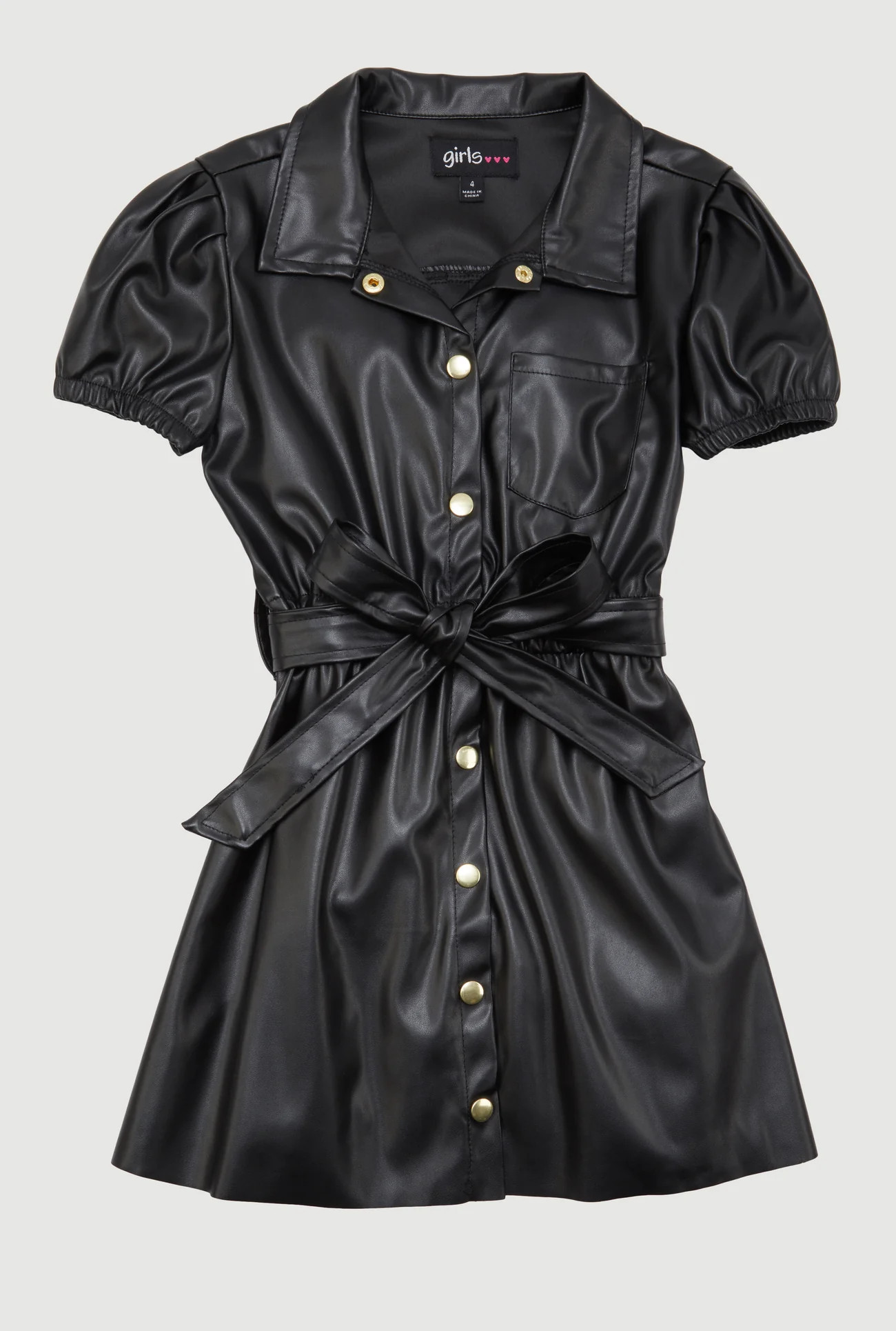 Little Girls Faux Leather Shirt Dress with Tie Waist Belt | Rainbow Shops