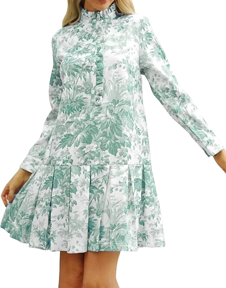 Women Floral Mini Dress Long Sleeve Stand Collar Button Up Elegant Work Swing Short Pleated Dress | Amazon (US)