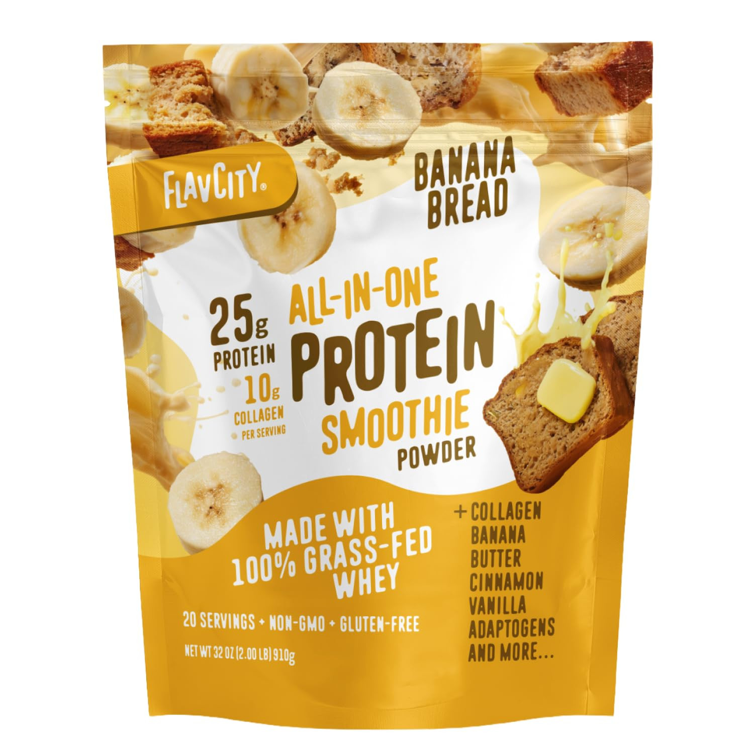 FlavCity Banana Bread Protein Shake Powder, All in One Smoothie + Collagen Peptides, Reishi & Cor... | Amazon (US)