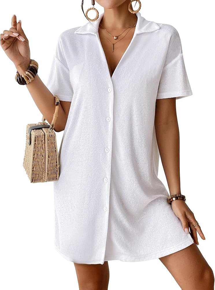 Amazon.com: Bsubseach Terry Cloth Swim Cover Up 2025 Button Down Women Swimsuit Coverup Short Sle... | Amazon (US)