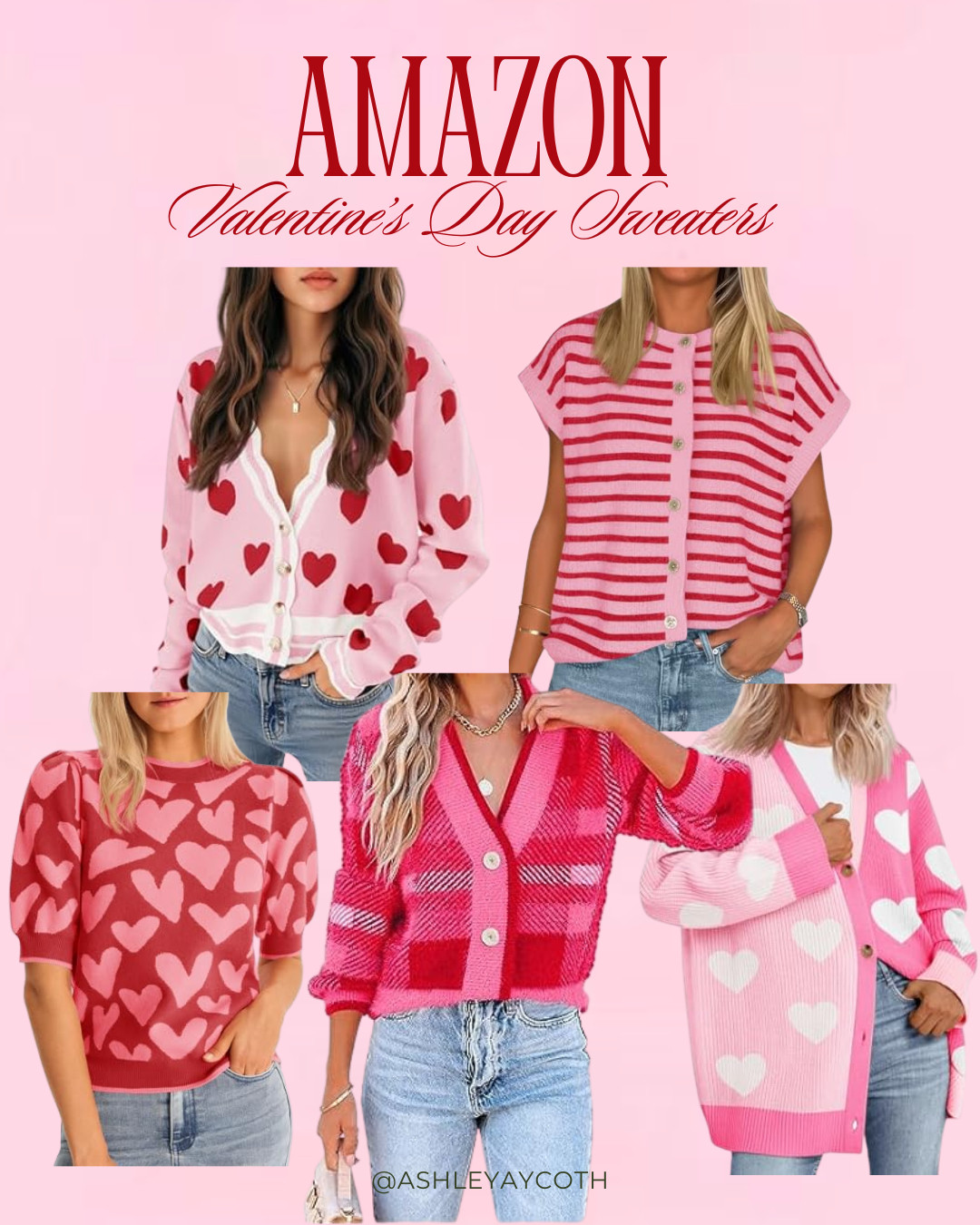 Pink  & Red is one of my favorite color combos! I am swooning over these festive Amazon Valentines Day Sweaters & Cardigans that are perfect for teacher outfits, casual office outfits, casual valentines day, or galentine's day coffee date! Love the hearts and stripes so festive and fun!

#amazonfashion #valentinesdayoutfit #valentinesdaysweater #valentinesday 
valentines sweater, heart sweater, pink and red, red and pink, amazon sweater, amazon valentines day outfit, teacher outfit, causual work outfit for valentines day, spring 2026, amazon finds 

 #LTKFindsUnder50 #LTKFindsUnder100

#LTKMidsize #LTKValentine #LTKSeasonal