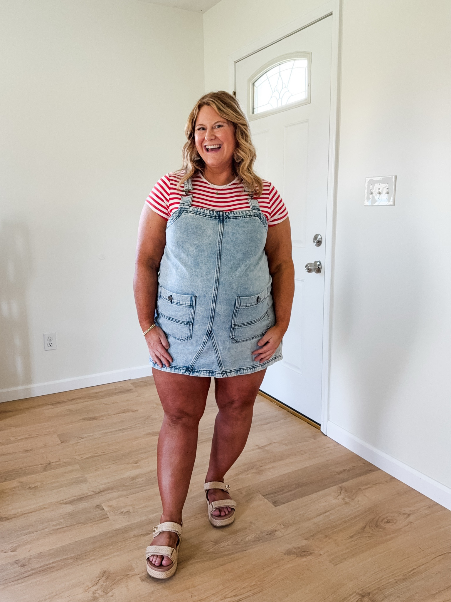 Wearing an XL in my striped tee and my overall dress. My dress barely fits at this stage of pregnancy (30 weeks) but will be great postpartum.

#LTKMidsize #LTKBump #LTKSeasonal