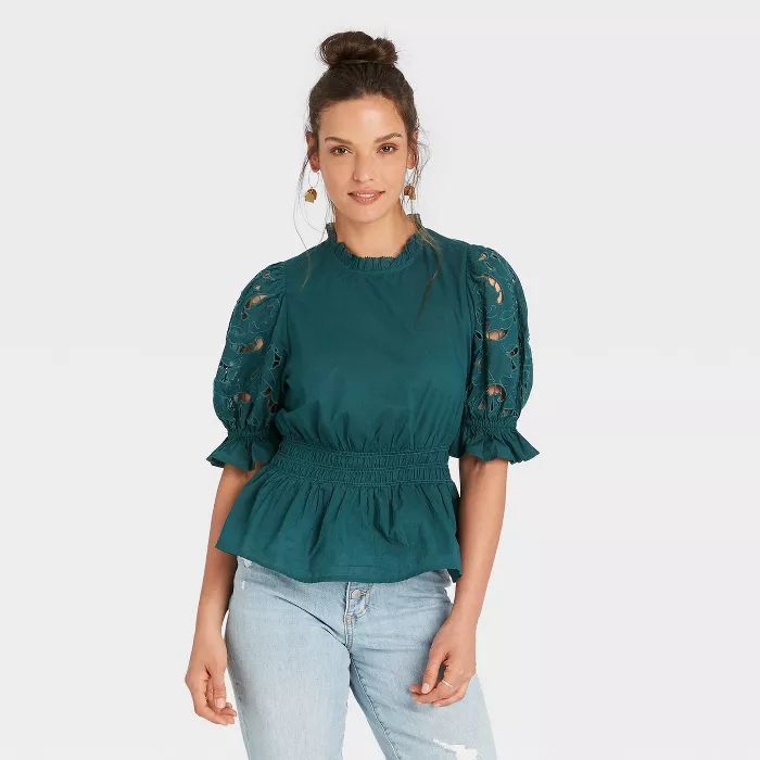 Women's Puff Short Sleeve Eyelet Peplum Top - Universal Thread™ | Target