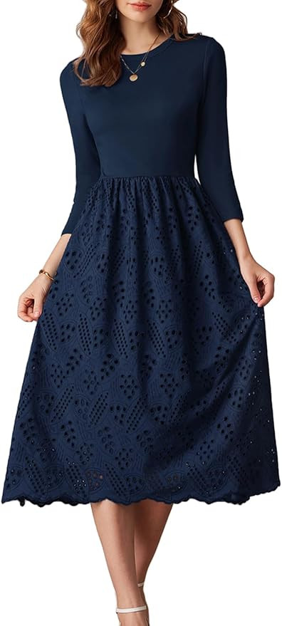 GRACE KARIN Womens Summer 3/4 Sleeve Dress with Pockets A Line Midi Eyelet Dress Empire Waist Cas... | Amazon (US)