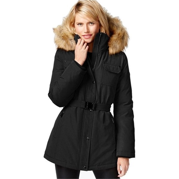 Michael Kors Heavy Down Puffer Belted Coat with Faux Fur Hood | Bed Bath & Beyond