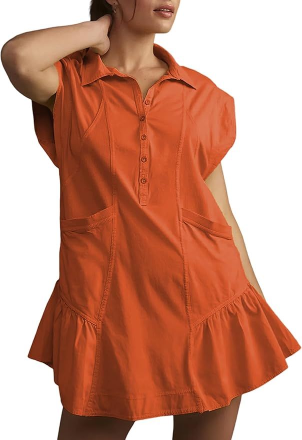 Women's Button Down Shirt Dress Short Sleeve Patchwork Mini Dress with Pockets | Amazon (US)