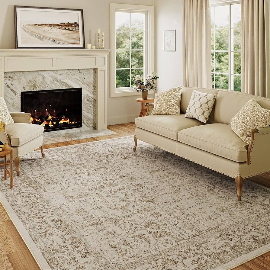Light Brown Area Rug 5x7 Indoor Vintage Living Room Carpet Kitchen Washable Distressed Rug Floral... | Amazon (US)
