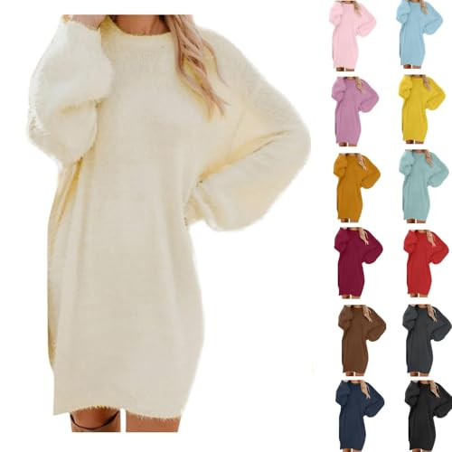 Sweater Dresses for Women 2024,Fashion Furry Pullover Sweater Dress Oversized Crew Neck Mini Dresses Casual Long Sleeve Fall Dresses Loose Solid Color Winter Dresses(A-Beige,S) | Amazon (US)