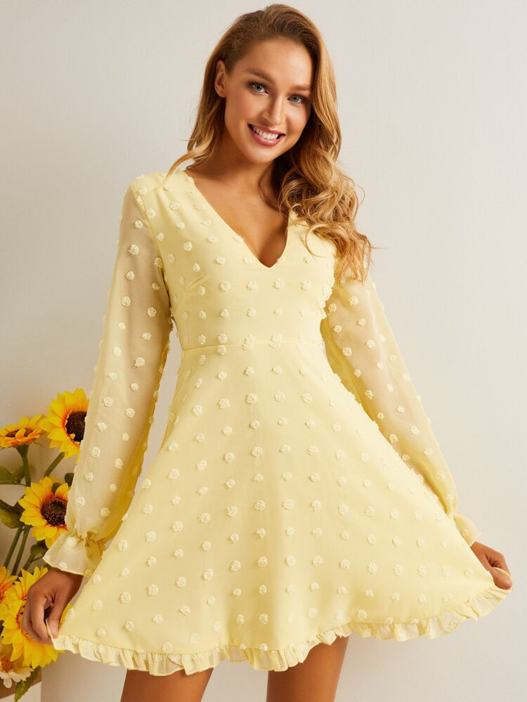 SBetro Flounce Sleeve Ruffle Hem Swiss Dot Dress | SHEIN