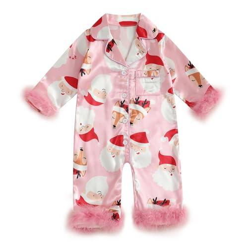 WASAIGOOD Newborn Christmas Sleepers Baby Girl Christmas Satin Pajamas With Feathers Infant Pajamas Romper Jumpsuit Girl Pjs (Pink Santa, 12-18 Months) | Amazon (US)
