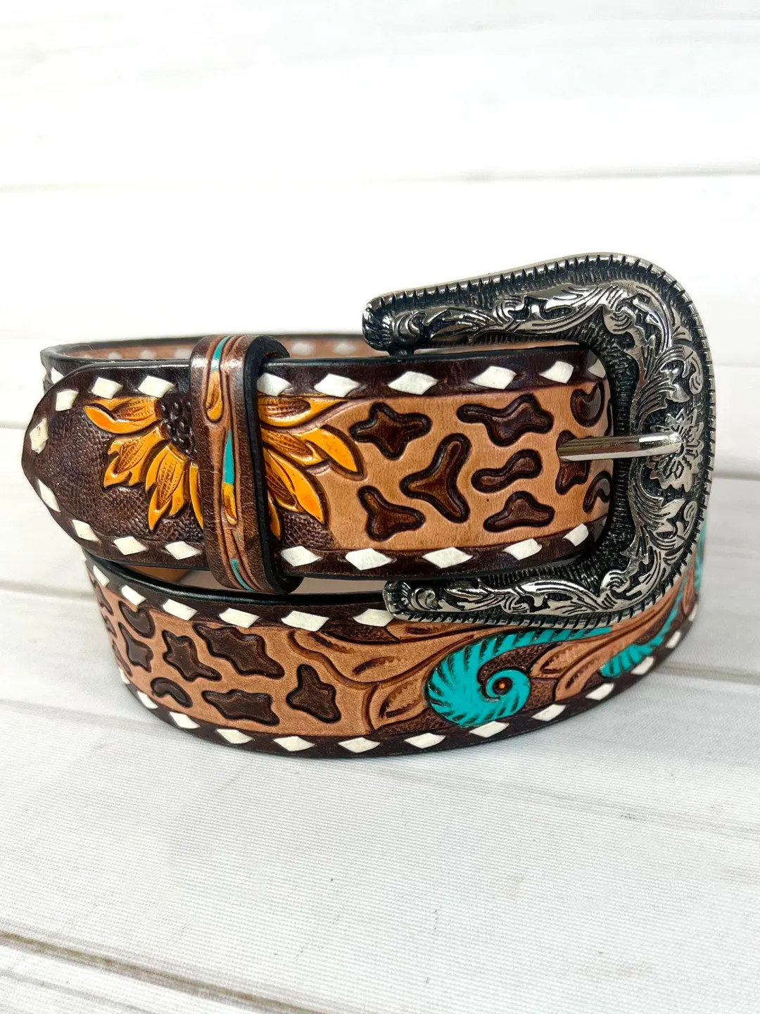 Leopard Sunflower Tooled Leather Woman’s Belt - Etsy | Etsy (US)