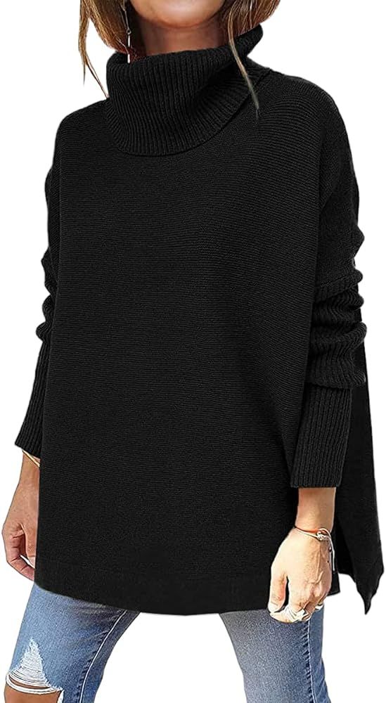 NIUBIA Womens Turtleneck Long Sleeve 2022 Fall Sweaters Oversized Spilt Hem Tunic Casual Pullover Sw | Amazon (US)