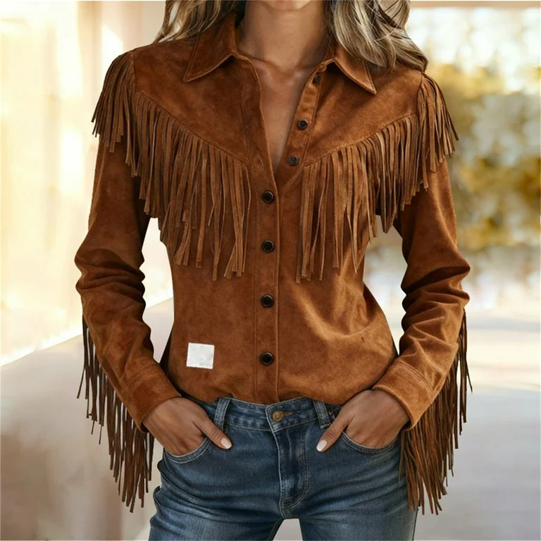 Women's Suede Fringe Western Shirt, Long Sleeve Button Down Blouse with Chest and Sleeve Fringe, ... | Walmart (US)