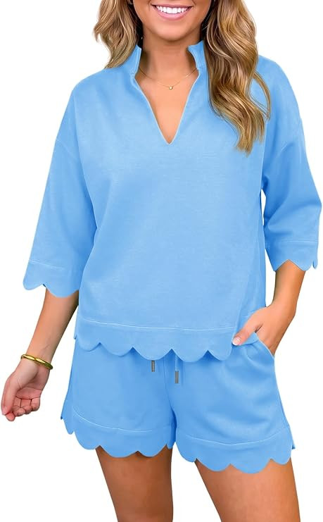 Fisoew Womens 2 Piece Short Sets Summer Casual Lounge Sets Short | Sleeve Sweatshirts Drawstring ... | Amazon (US)