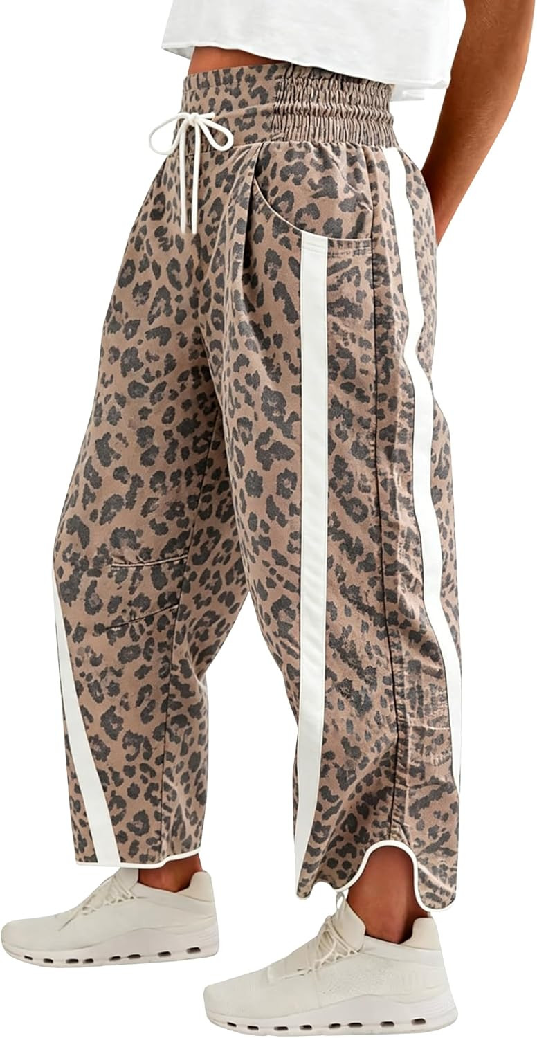 Fisoew Womens Baggy Wide Leg Pants Casual Elastic High Waisted Drawstring Printed Workout Sweatpants | Amazon (US)