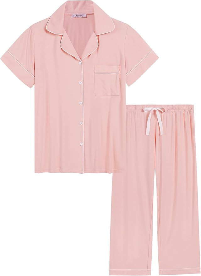 Joyaria Women Capri Pajamas Set Bamboo Viscose Pjs Short Sleeve Button Down Sleepwear | Amazon (US)