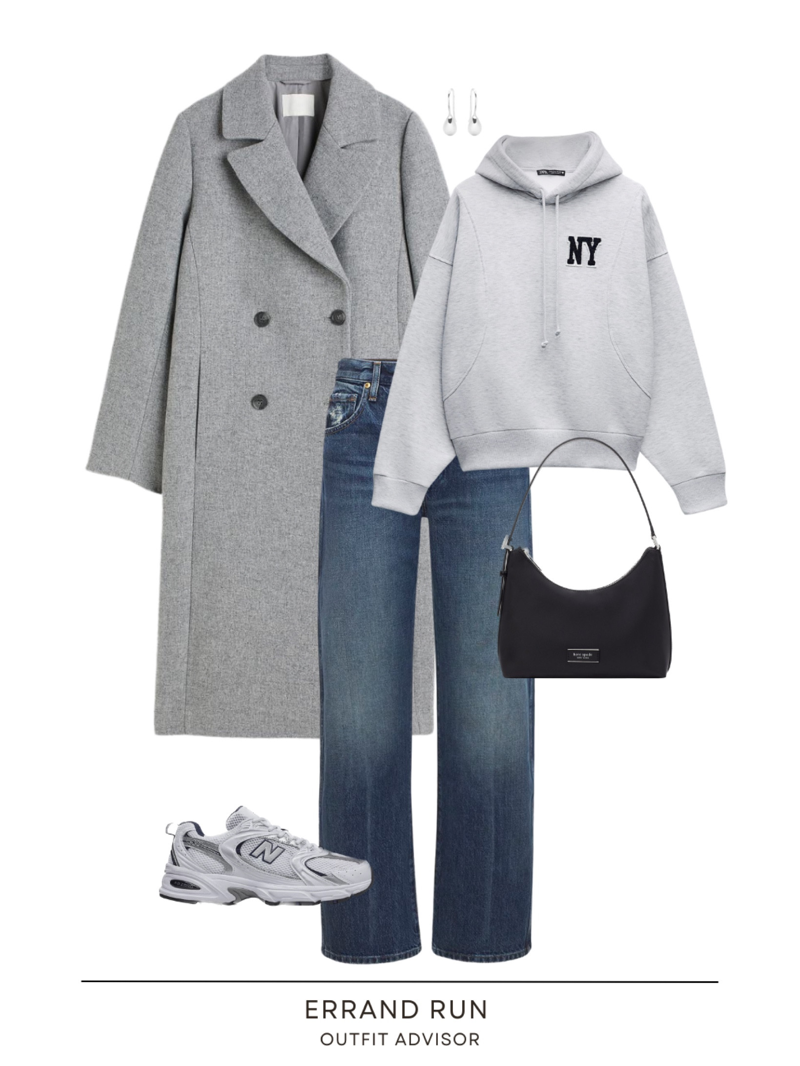 Winter errand run outfit inspo: a grey coat, grey hoodie from Zara, medium wash jeans, new balance 550s and a black kate spade bag

#LTKmidsize #LTKshoecrush #LTKstyletip