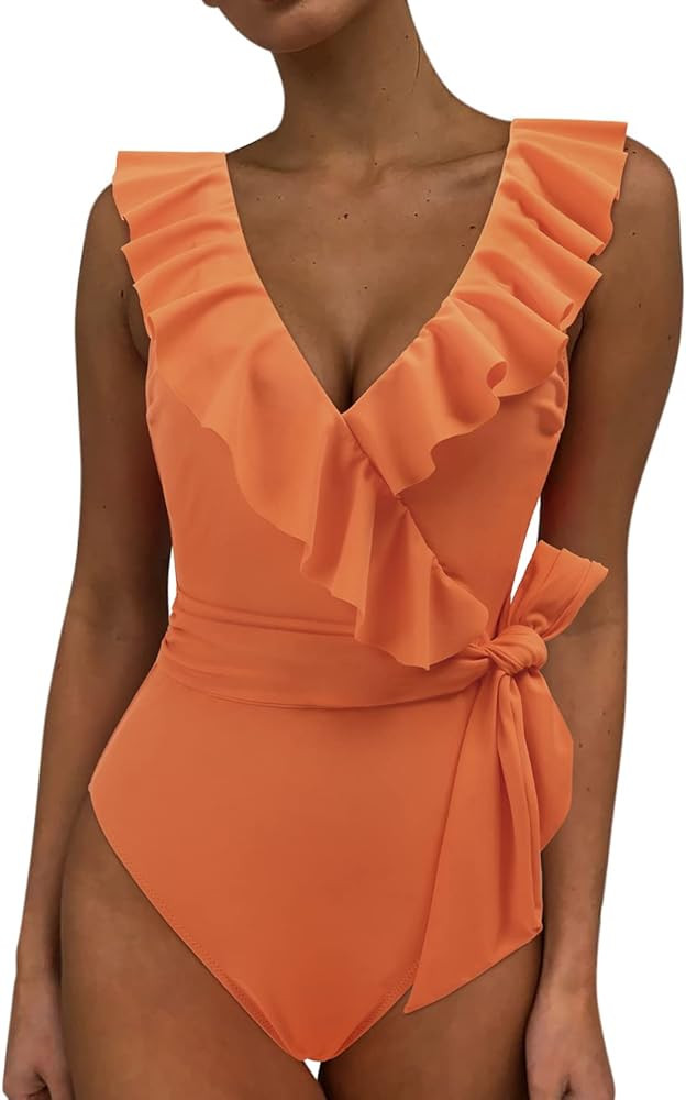 DOULAFASS One Piece Bathing Suit V Neck Ruffled Lace Up Tummy Control Swimsuit for Women | Amazon (US)