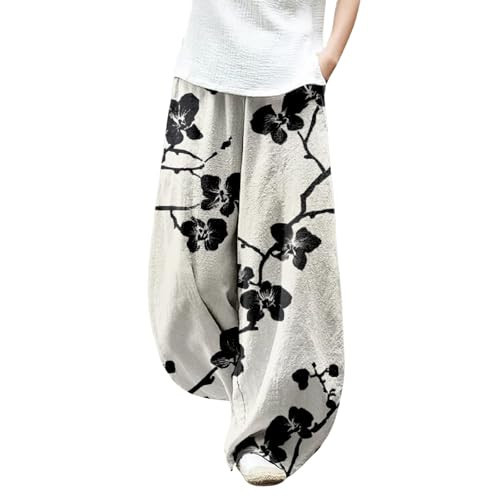 ZOCAVIA Boho Floral Lantern Pants for Women Summer Causal Japanese Style Wide Leg Pants Loose Fit Elastic Waist Vintage Paisley Flower Baggy Trousers with Pockets Flower Beige Black M | Amazon (US)