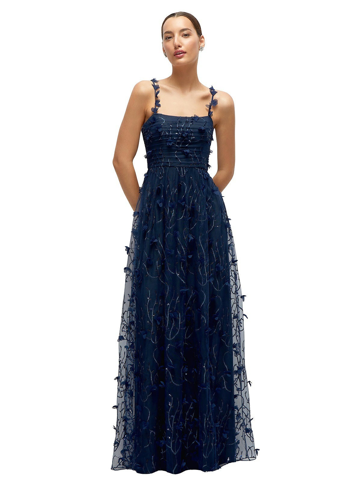 Shirred 3D Sequin Embroidery Floral Maxi Dress with Petal-Adorned Straps in Midnight Navy | The Dessy Group