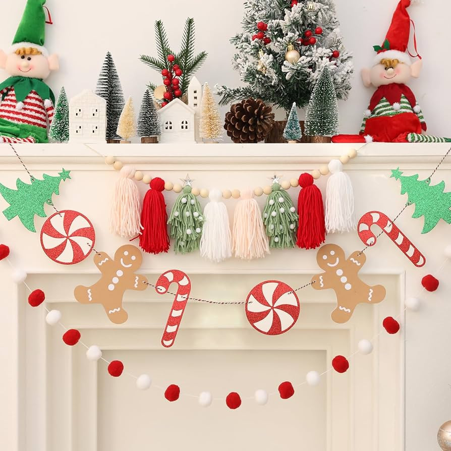 Bohemian Christmas Tassel Garland Banner with Pom Pom Garlands Christmas Candy Tree Cane Banner f... | Amazon (US)