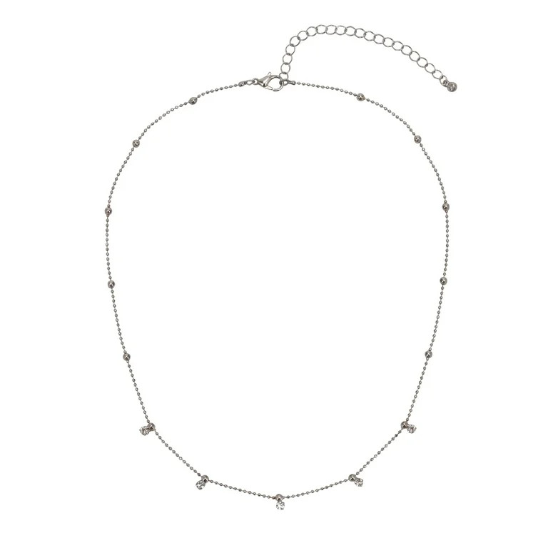 Time and Tru Adult Women's Silver Tone Crystal Dangle Delicate Metal Necklace | Walmart (US)