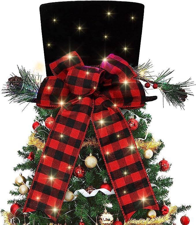 Christmas Tree Topper Hat Buffalo Plaid Christmas Tree Topper Christmas Tree Topper Ribbon Bow wi... | Amazon (US)
