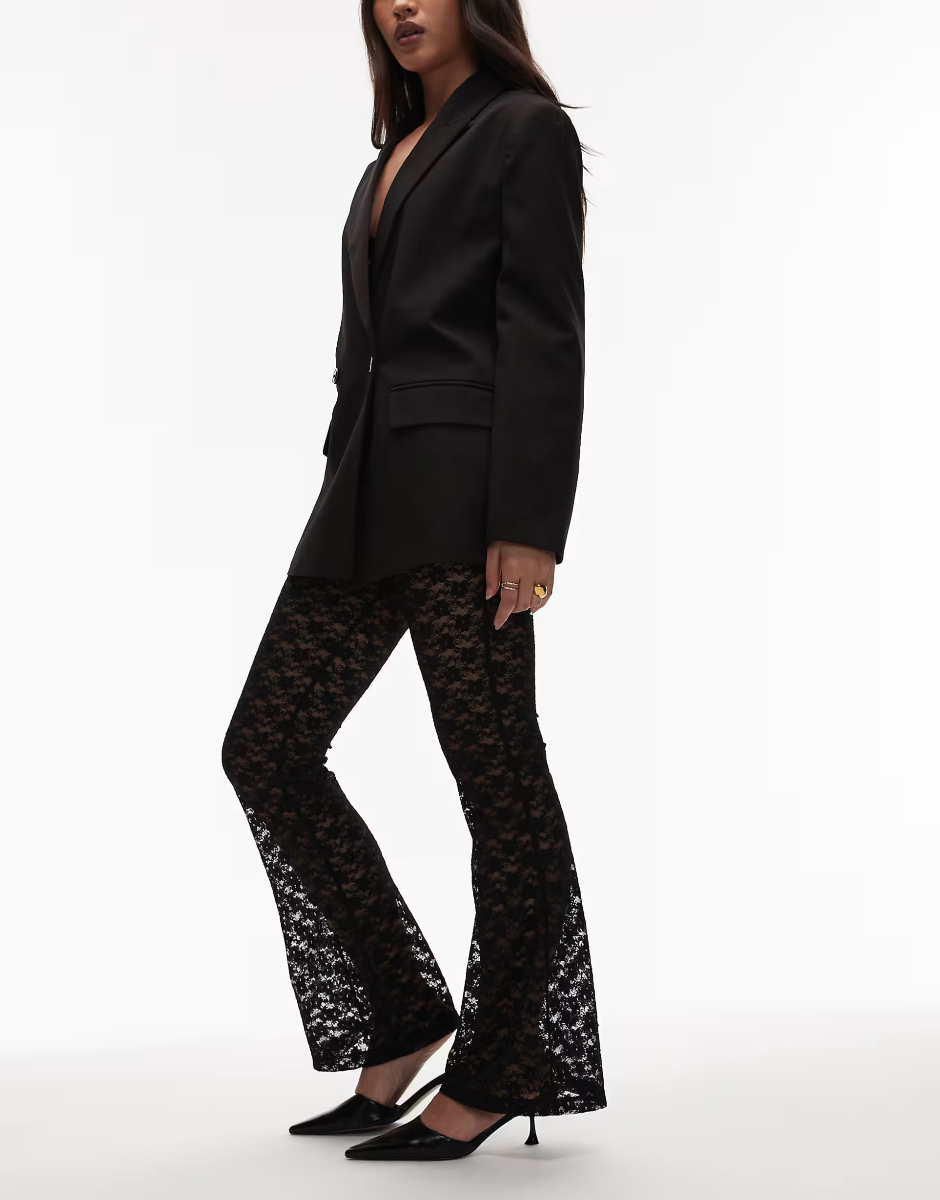 ASOS DESIGN lace sheer flare pants in black | ASOS (Global)