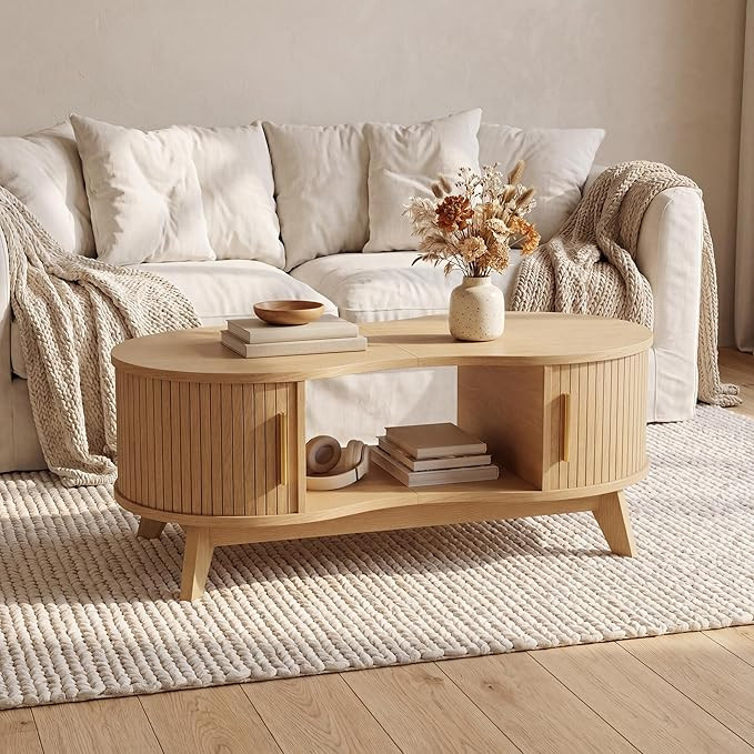 Coffee Table, Dual Oval Coffee Table with with Storage Cabinet and Sliding Tambour Door, 2-Tier O... | Amazon (US)