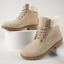 Faux Fur Collar Lace Front Lug Sole Hiking Boots | SHEIN