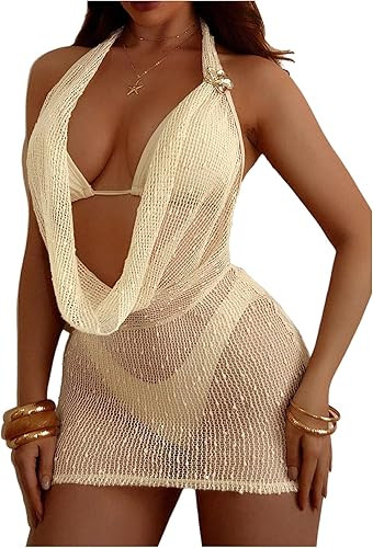 MakeMeChic Women's 3 Piece Summer Swimsuits Metal 3D Floral Draped Halter Cheeky Boho Sheer Bathi... | Amazon (US)