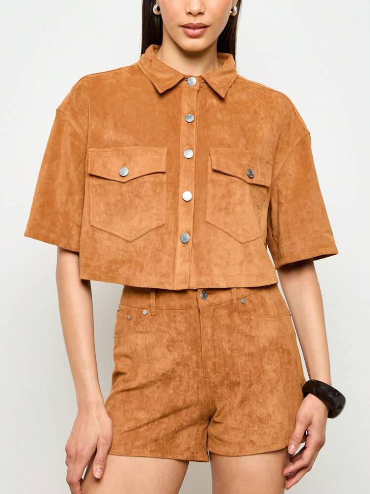 AiiRZ Suede Crop Button-Up Shirt Jacket Western Utility Style Short Sleeve Collared Top Summer Spring Casual Outdoor Fashion | SHEIN