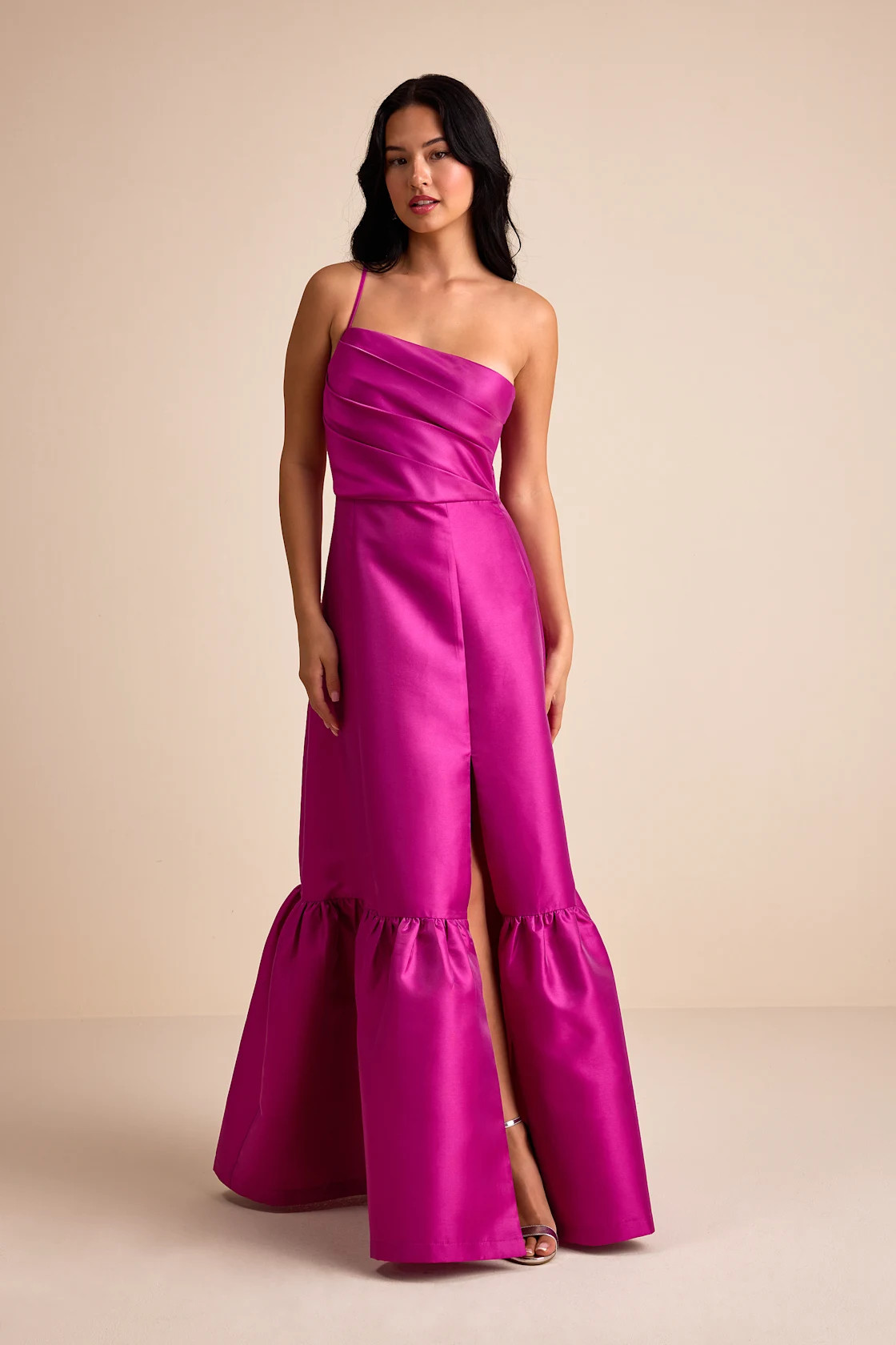 Letha Magenta Taffeta One-Shoulder Maxi Dress | Lulus