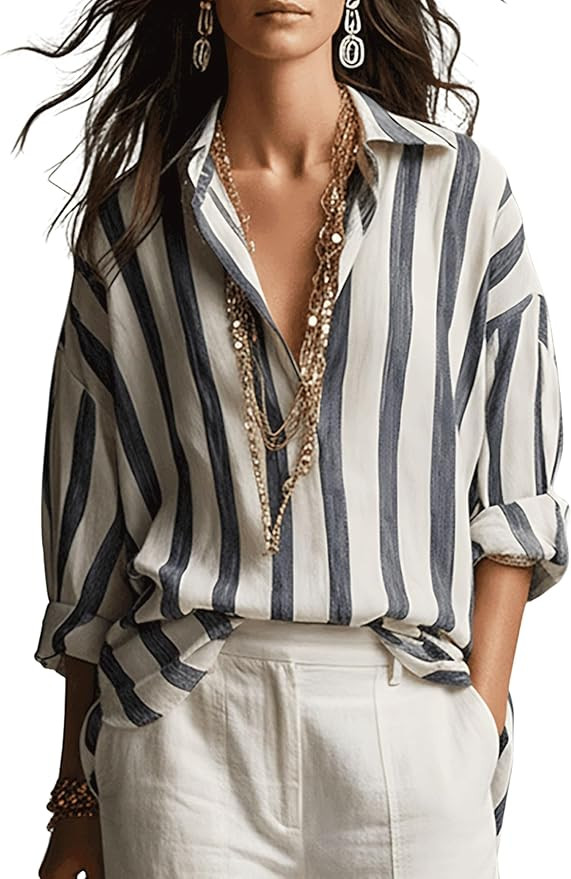 Watashi Women Striped Button Down Henley Shirt Oversized Long Sleeve Collared Blouse Work Office ... | Amazon (US)