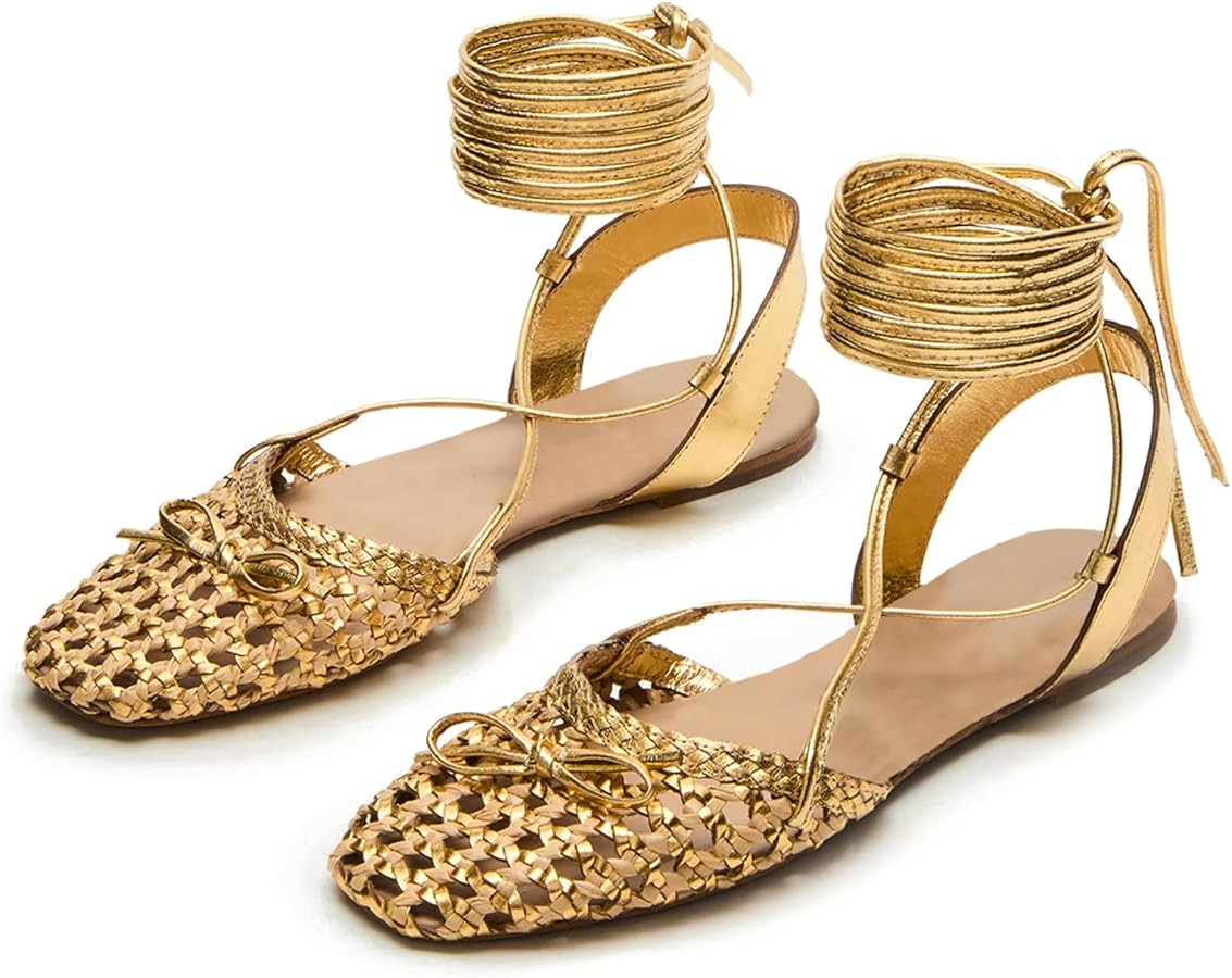 Seborluys Lace Up Ballet Flats Sandals for Women Closed Square Toe Woven Strappy Flats Sandals wi... | Amazon (US)
