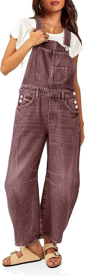 PLNOTME Womens Denim Bib Overalls Barrel Leg Adjustable Strap Jean Pants Jumpsuits with Pockets | Amazon (US)