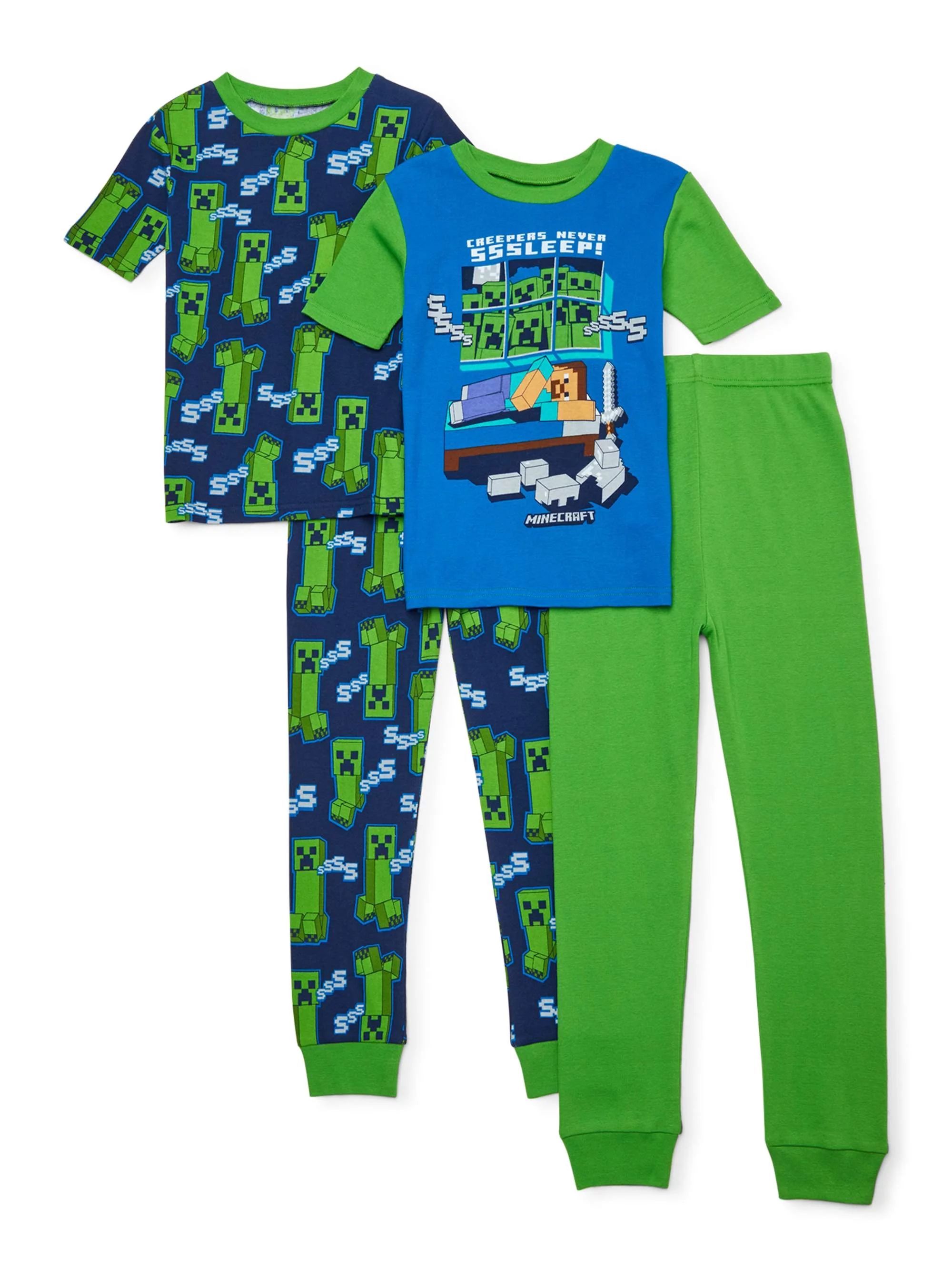 Minecraft Boys Exclusive 6-12 Short Sleeve Long Pant Cotton Tight Fit Pajamas, 4-Piece Set | Walmart (US)