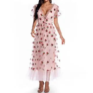 Micah Y - Strawberry Sequined Mesh Maxi A-Line Dress | YesStyle Global